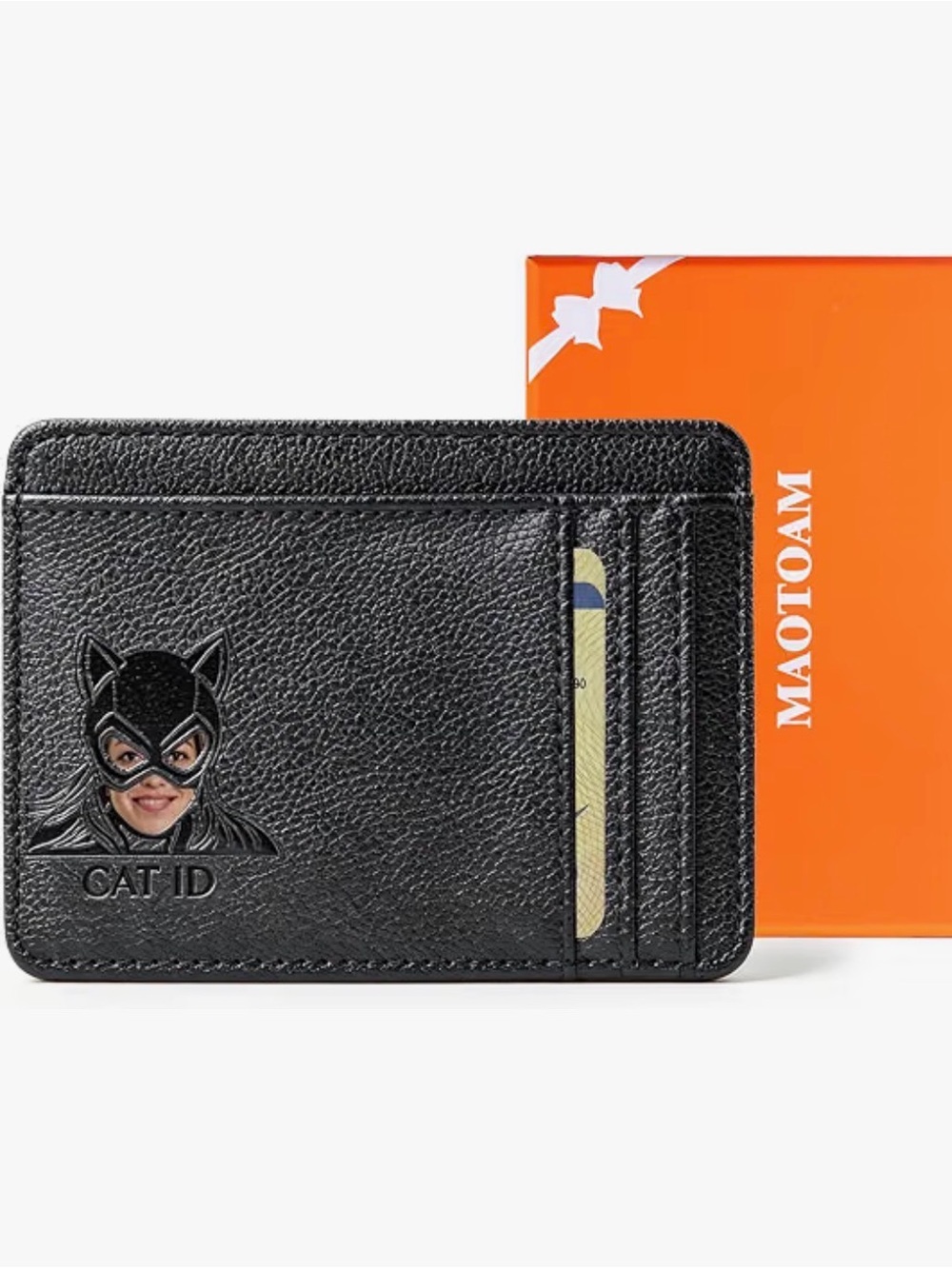 Cat ID Black Leather Slim Card Holder Wallet Superhero Mask NWT